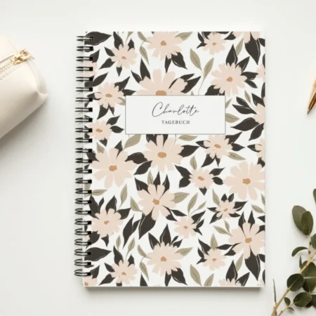Tagebuch personalisiert DIN A5 / A4, Notizbuch kariert, liniert, gepunktet, blanko, Hardcover oder transparente Deckseite, Blumen Muster